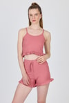 Pijama Takım-Gül Kurusu İp Askılı Fırfırlı Şortlu Takım 0703-rulem