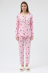 Pijama Takım-Pembe Desenli Düğmeli Kadın Pijama Takımı 3000-rulem