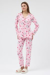 Pijama Takım-Pembe Desenli Düğmeli Kadın Pijama Takımı 3000-rulem