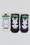 Renkli 3'lü Penguen Desenli Örme Patik Çorap 1104