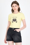 Sarı Ayıcık Baskılı Leopar Detaylı Slim Fit Crop Tişört 0549