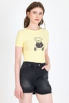 Sarı Ayıcık Baskılı Leopar Detaylı Slim Fit Crop Tişört 0549