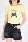 Sarı Ayıcık Baskılı Leopar Detaylı Slim Fit Crop Tişört 0549