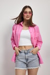 Şeker Pembe Çift Cepli Oversize Uzun Basic Gömlek TCR 6256A