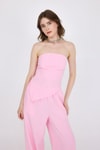 Şeker Pembe Straplez Asimetrik Bluz Pantolon Takım 5234