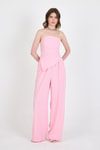 Şeker Pembe Straplez Asimetrik Bluz Pantolon Takım 5234