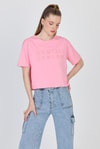Şeker Pembe Yazı Nakışlı Crop Tişört 25259