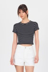 Siyah Bisiklet Yaka Çizgili Crop Tişört 2147