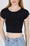 Siyah Bisiklet Yaka Pamuklu Slim Fit Crop Tişört 9199M