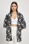 Siyah Çiçek Desen Fakir Kol Kimono 4463A
