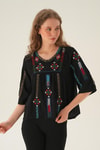 Siyah Etnik Desen Bluz 4100