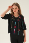 Siyah Etnik Desen Bluz 4100