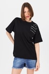 Siyah Göğüs Yazı Baskılı Pamuklu Oversize Tişört 2150-31M