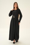 Siyah Kol Drape Detay Kemerli Elbise 2659