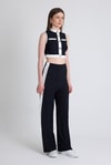 Siyah Kolsuz Crop Bluz ve Şeritli Palazzo Pantolon Takım 2215
