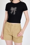 Siyah Leopar Fiyonk Baskılı Taş Detaylı Slim Fit Crop Tişört 0549-1