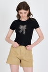 Siyah Leopar Fiyonk Baskılı Taş Detaylı Slim Fit Crop Tişört 0549-1