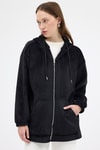 Siyah Peluş Fermuarlı Kapüşonlu Kadın Sweatshirt 3057A