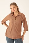 Yaka Düğmeli Bluz - 6597A Taba
