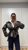 KROKODİL DESENLİ KEMERLİ DERİ CEKET KAHVE