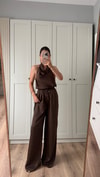 SATEN BLUZ PANTOLON TAKIM - KAHVE
