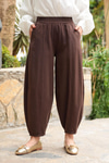 Baggy Beli Lastikli Keten Pantolon Kahverengi