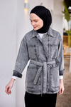 Bel Bağlamalı Denim Kot Ceket Antrasit