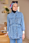 Bel Bağlamalı Denim Kot Ceket Buz Mavi