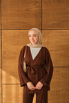 Bel Bağlamalı Kimono Takım Kahverengi