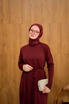 Bel Bağlamalı Taş Detay Triko Elbise Bordo