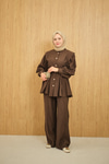Bel Büzgülü Gold Düğme Detay Pantolonlu Takım Kahverengi