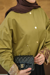 Bisiklet Yaka Astarı Desenli Çıtçıtlı Regular Gabardin Kısa Trenç Yeşil