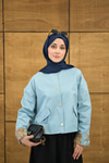 Bisiklet Yaka Astarı Desenli Çıtçıtlı Regular Gabardin Kısa Trenç Mavi