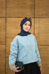 Bisiklet Yaka Astarı Desenli Çıtçıtlı Regular Gabardin Kısa Trenç Mavi