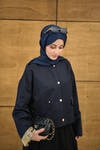 Bisiklet Yaka Astarı Desenli Çıtçıtlı Regular Gabardin Kısa Trenç Lacivert