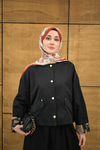 Bisiklet Yaka Astarı Desenli Çıtçıtlı Regular Gabardin Kısa Trenç Siyah