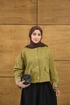 Bisiklet Yaka Astarı Desenli Çıtçıtlı Regular Gabardin Kısa Trenç Yeşil