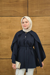 Bisiklet Yaka Pelerin Detay Geniş Kollu Çıtçıtlı Astarlı Regular Gabardin Trenç Lacivert