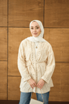 Brode Taş İşlemeli Kimono Krem