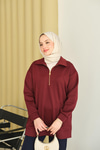 Cep Ve Yaka Detay Yarım Fermuarlı Sweat Bordo
