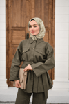 Çıtçıtlı Gabardin Bel bağlamalı takım Haki Yeşil