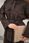 Çıtçıtlı Gabardin Bel bağlamalı takım Kahverengi