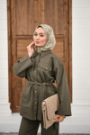 Çıtçıtlı Gabardin Bel bağlamalı takım Haki Yeşil