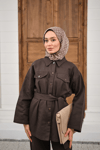 Çıtçıtlı Gabardin Bel bağlamalı takım Kahverengi