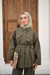 Çıtçıtlı Gabardin Bel bağlamalı takım Haki Yeşil