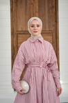 Çizgi Detay Bel Bağlamalı Elbise Pembe