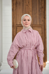 Çizgi Detay Bel Bağlamalı Elbise Pembe