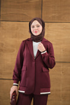 Çizgi Ribanalı Blazer Ceketli Takım Bordo