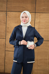 Çizgi Ribanalı Blazer Ceketli Takım Lacivert