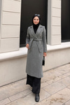 Düğme Ve Bel Bağlamalı Ara Boy Kaşe Kaban Füme
